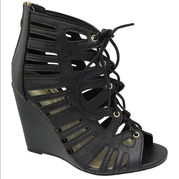 cut out lace up wedge sandal